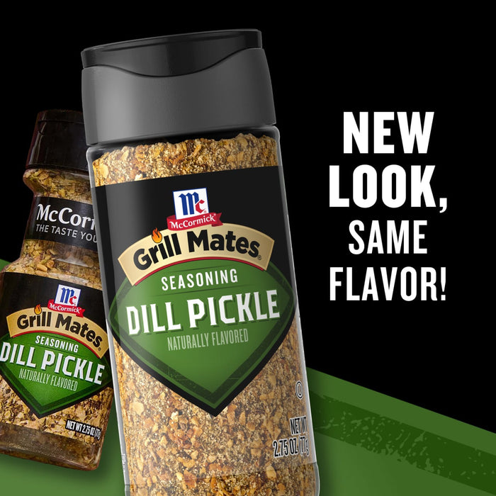['This image features two McCormick Grill Mates Dill Pickle seasoning containers, highlighting the new look with the same flavor.']