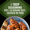 The image shows grilled chicken on a blue plate with a brush, accompanied by text stating 1 TBSP seasoning per 1 LB ground beef, chicken or pork.