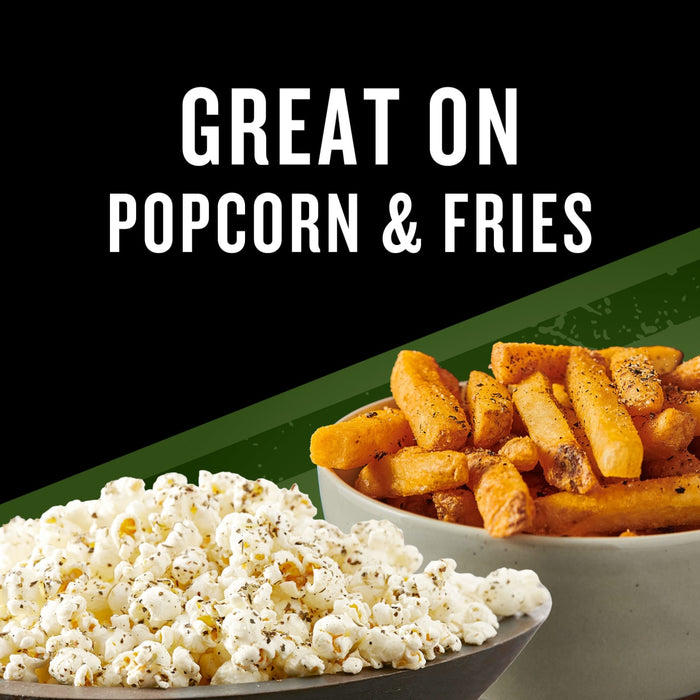 This image promotes a seasoning that is great on popcorn and fries, showcasing bowls of both.