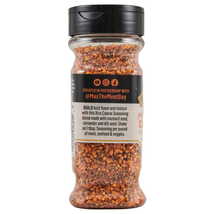 ['A glass jar of Max The Meat Guy Xtra Coarse Seasoning.']