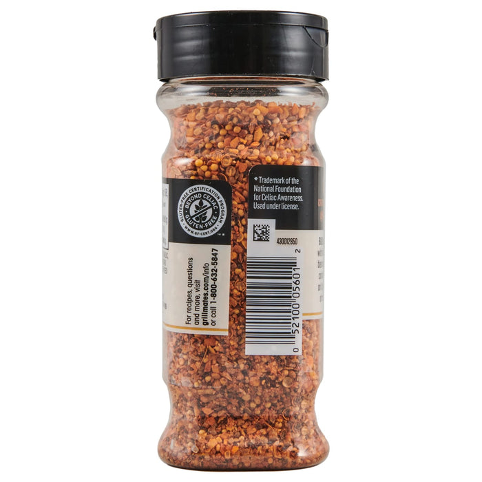 ['A glass jar of Grill Mates Montreal Steak Seasoning with a black lid.']