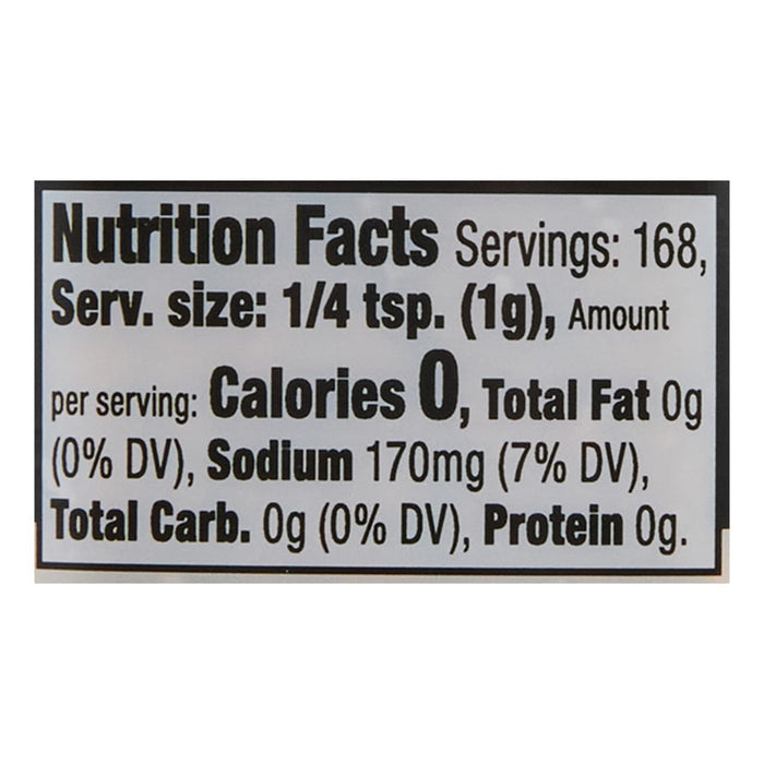 ['Nutrition facts for 1/4 teaspoon of seasoning, with 0 calories, 0 grams of fat, 170 milligrams of sodium, 0 grams of carbohydrates, and 0 grams of protein.']