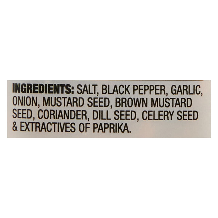 ['A list of ingredients for a seasoning blend, including salt, black pepper, garlic, onion, mustard seed, brown mustard seed, coriander, dill seed, celery seed, and extractives of paprika.']
