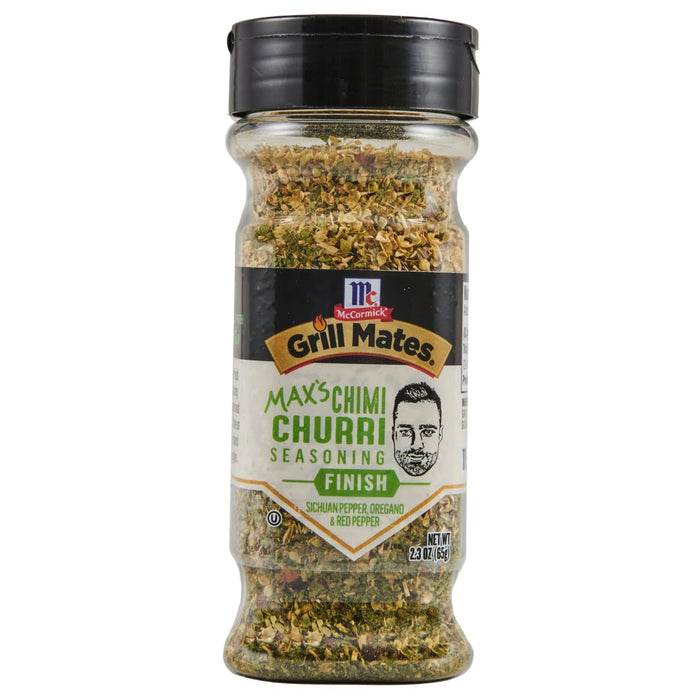 ["A jar of McCormick Grill Mates Max's Chimi Churri Seasoning Finish."]