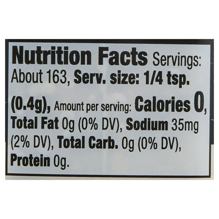 ['Nutrition facts label for a product with 0 calories per 1/4 teaspoon serving.']