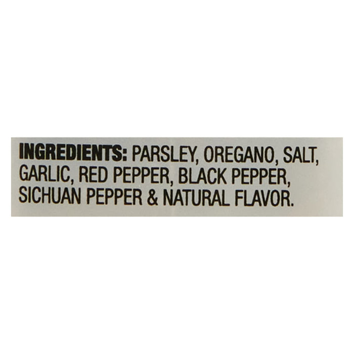 ['Ingredients for the seasoning include parsley, oregano, salt, garlic, red pepper, black pepper, Sichuan pepper, and natural flavor.']