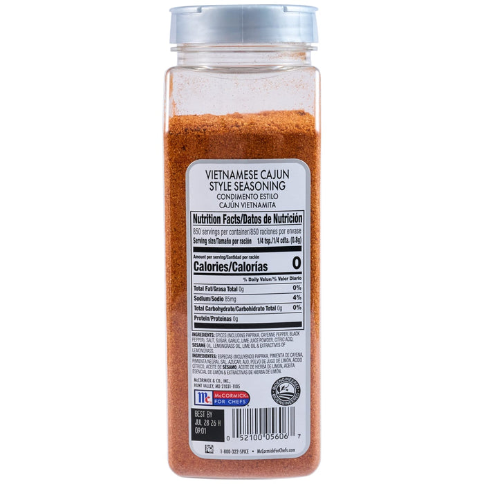 McCormick for Chefs Vietnamese Cajun Style Seasoning bottle with nutrition facts and ingredients.