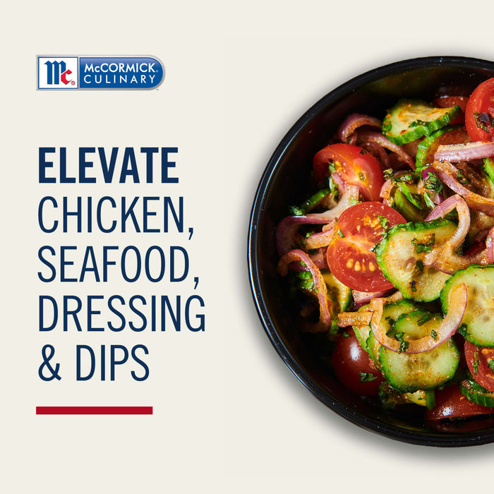 McCormick advertisement featuring a vibrant salad, promoting the versatility of their products to elevate chicken, seafood, dressings, and dips.