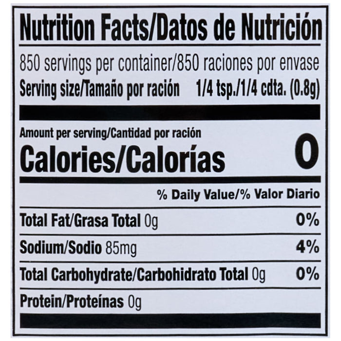 Nutrition facts label for a product with 0 calories per serving.