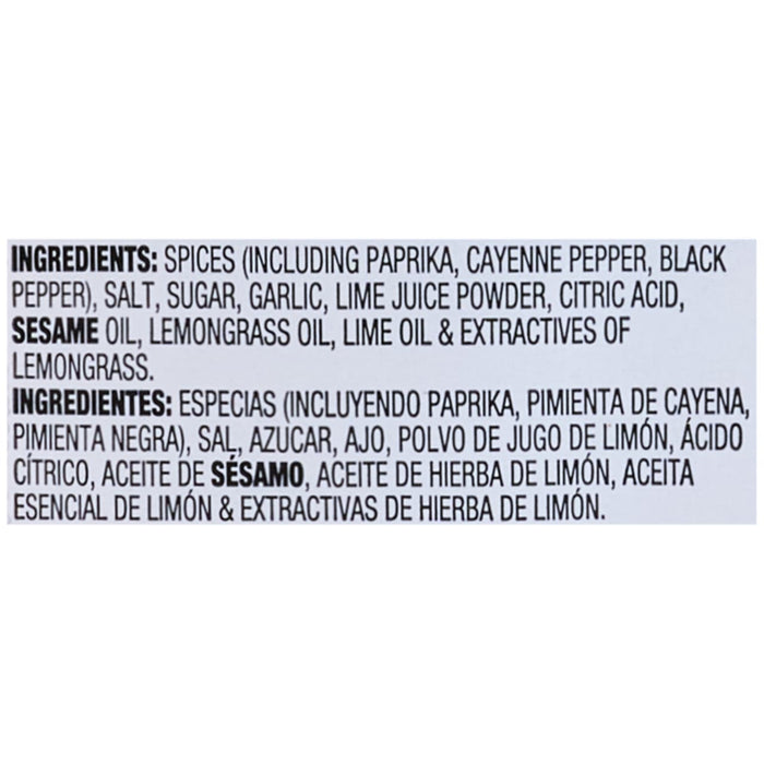 Ingredients list for a spice blend, including paprika, cayenne pepper, black pepper, salt, sugar, garlic, lime juice powder, citric acid, sesame oil, lemongrass oil, lime oil and extractives of lemongrass.