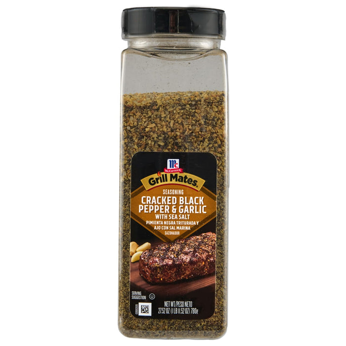 ['A bottle of McCormick Grill Mates Cracked Black Pepper &amp; Garlic seasoning.']