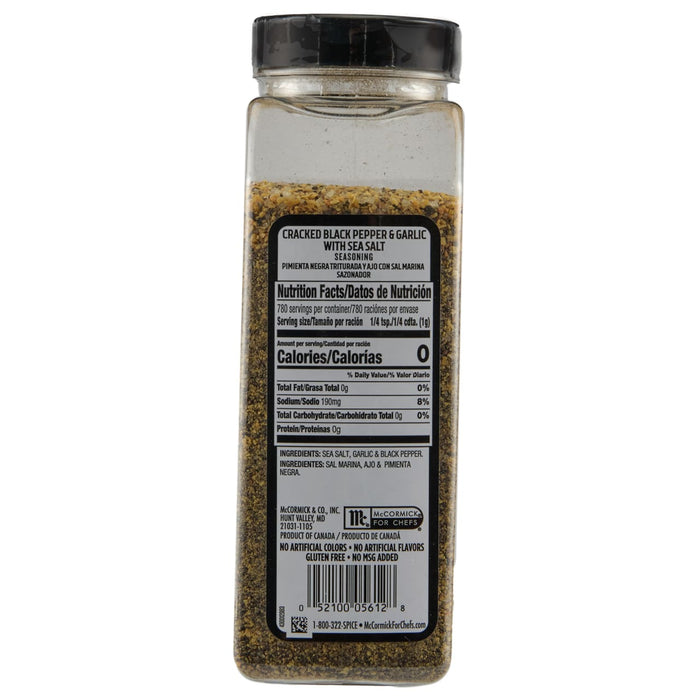 ['A bottle of McCormick for Chefs Cracked Black Pepper &amp; Garlic with Sea Salt seasoning.']