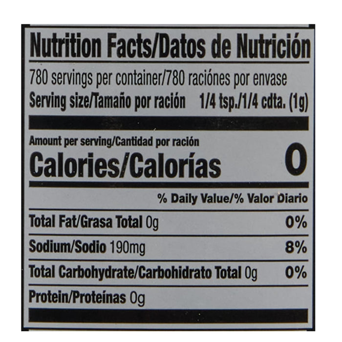 ['Nutrition facts label for a product with 0 calories per serving.']