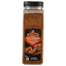 ['A jar of McCormick Grill Mates Fiery Habanero &amp; Roasted Garlic seasoning.']