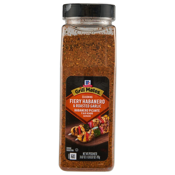 ['A jar of McCormick Grill Mates Fiery Habanero &amp; Roasted Garlic seasoning.']
