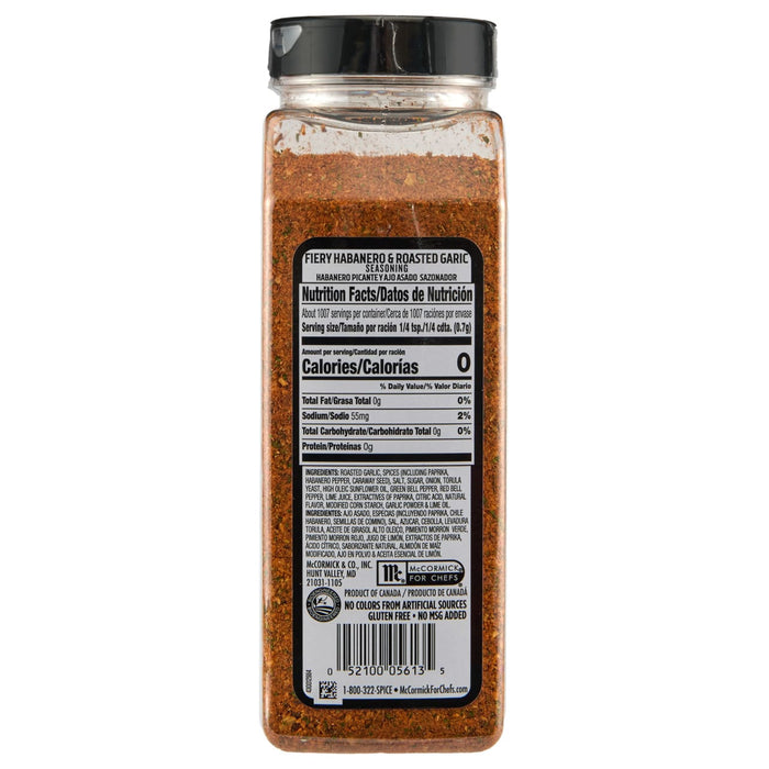 ['A bottle of McCormick for Chefs Fiery Habanero &amp; Roasted Garlic Seasoning.']