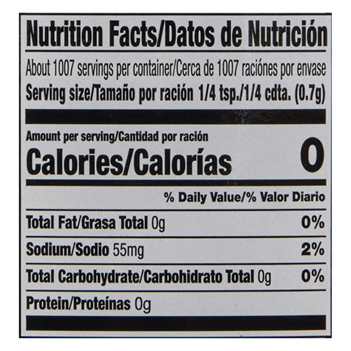 ['Nutrition facts label for a product with 0 calories per serving.']