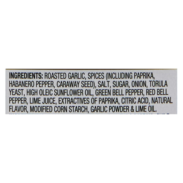 ['A list of ingredients for a product, including roasted garlic, spices, and lime oil.']