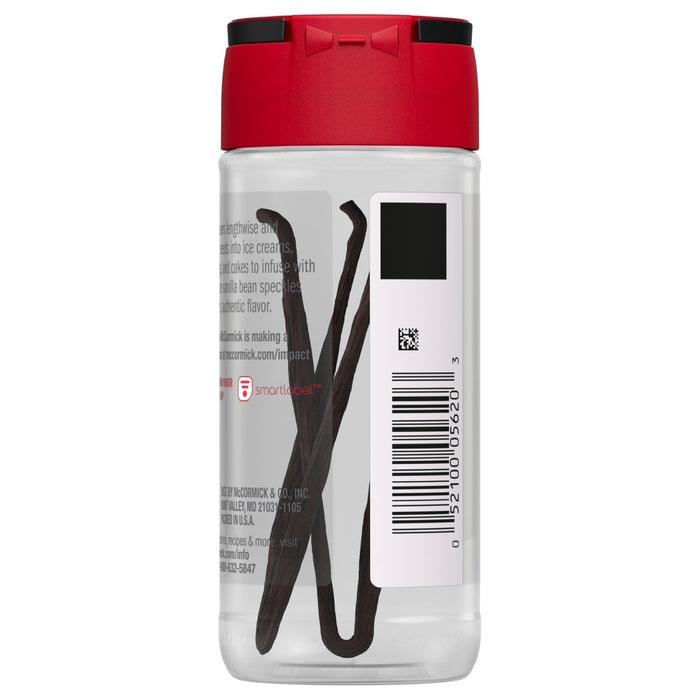 ['A bottle of McCormick Vanilla Extract with a red lid and a barcode on the side.']