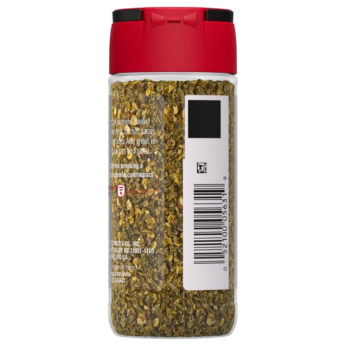['A glass jar of McCormick Jalapeno Pepper Flakes.']