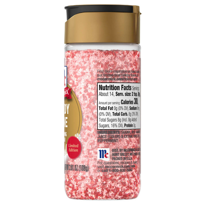 ['A bottle of McCormick Candy Cane Sugar, a limited edition holiday flavor.']