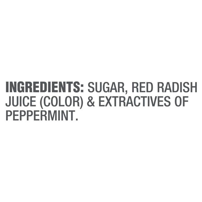 ['Ingredients for the product are listed: sugar, red radish juice (color), and extractives of peppermint.']