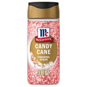A container of McCormick Candy Cane Finishing Sugar.