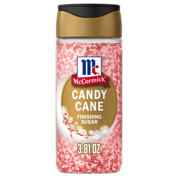 A container of McCormick Candy Cane Finishing Sugar.