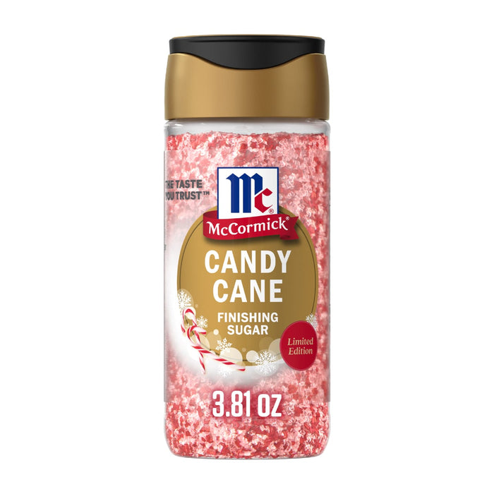 A container of McCormick Candy Cane Finishing Sugar.