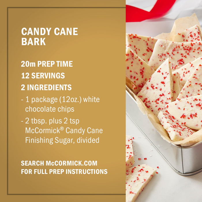 This image shows a recipe for Candy Cane Bark using McCormick Candy Cane Finishing Sugar, with a preparation time of 20 minutes and yielding 12 servings.