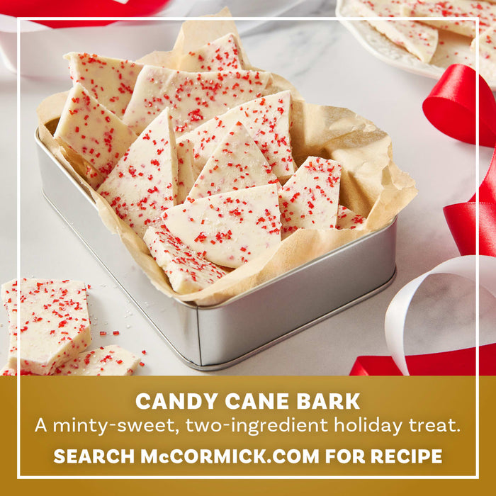 This image shows a recipe for Candy Cane Bark using McCormick Candy Cane Finishing Sugar, with a preparation time of 20 minutes and yielding 12 servings.