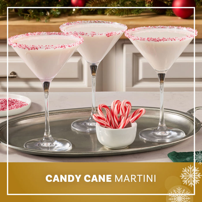 Candy bark with red sprinkles is shown in a metal tin with the text Elevate any dessert, drink, or dish.