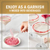 The image shows a festive beverage with a garnished rim, highlighting its use as a garnish and mixed into beverages.
