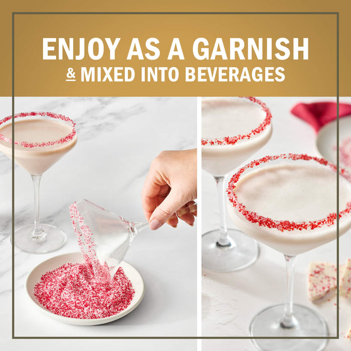 The image shows a festive beverage with a garnished rim, highlighting its use as a garnish and mixed into beverages.