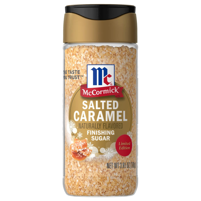 ['A jar of McCormick Salted Caramel Finishing Sugar, a limited edition product.']