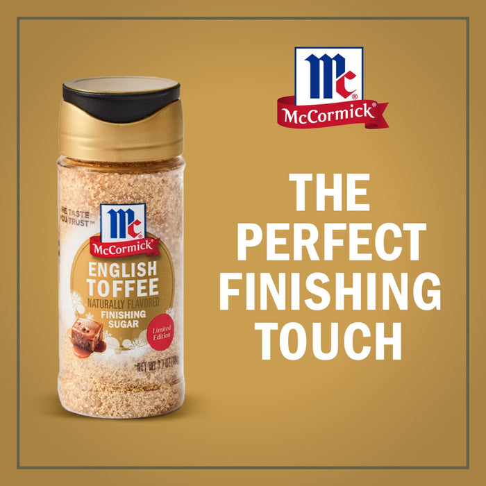 A container of McCormick English Toffee Seasoning Blend is displayed with the text The Perfect Finishing Touch.