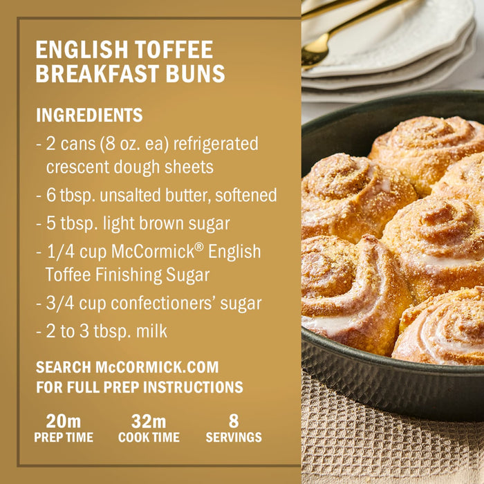 This image shows a recipe card for English Toffee Breakfast Buns featuring McCormick English Toffee Finishing Sugar.