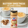 McCormick English Toffee Seasoning is shown with lattes and toffee pieces, highlighting its buttery sweetness for beverages.