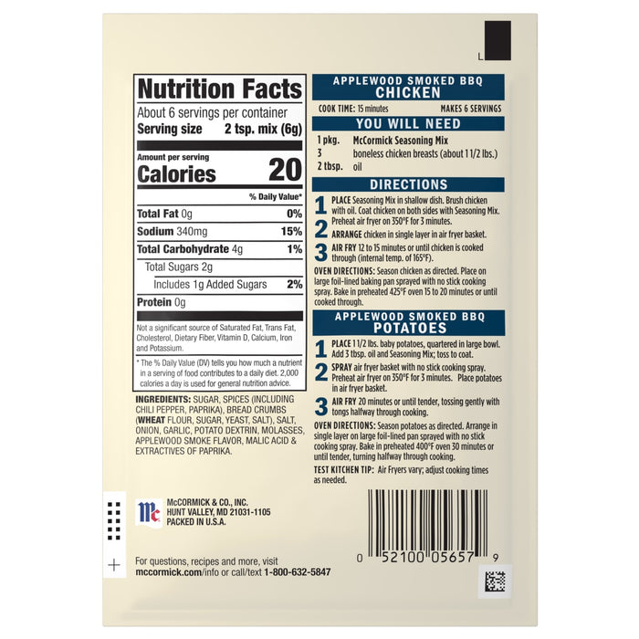 McCormick Applewood Smoked BBQ Chicken and Potato Seasoning Mix package with nutrition facts and directions.