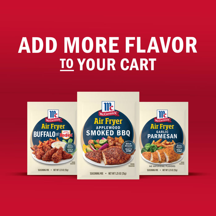 McCormick Air Fryer seasonings in Buffalo, Smoked BBQ, and Parmesan flavors are displayed to encourage adding more flavor to your cart.