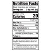 Nutrition facts label for a product with 20 calories per serving.