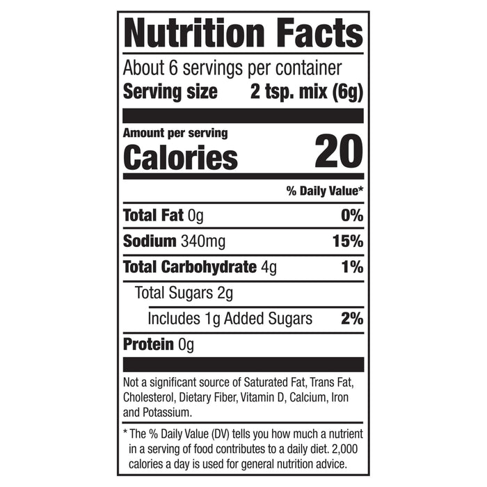 Nutrition facts label for a product with 20 calories per serving.