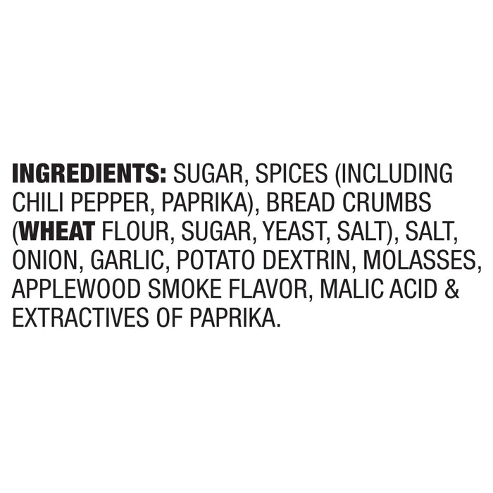 A list of ingredients for a product, including sugar, spices, bread crumbs, and more.