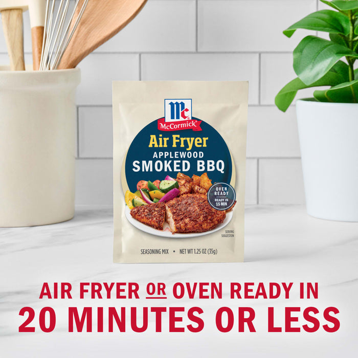 McCormick Air Fryer Smoked BBQ seasoning packet, advertising air fryer or oven-ready meals in 20 minutes or less.
