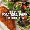 This image promotes a seasoning blend that is perfect for potatoes, pork, or chicken, as shown with a breaded cutlet and a fresh salad.