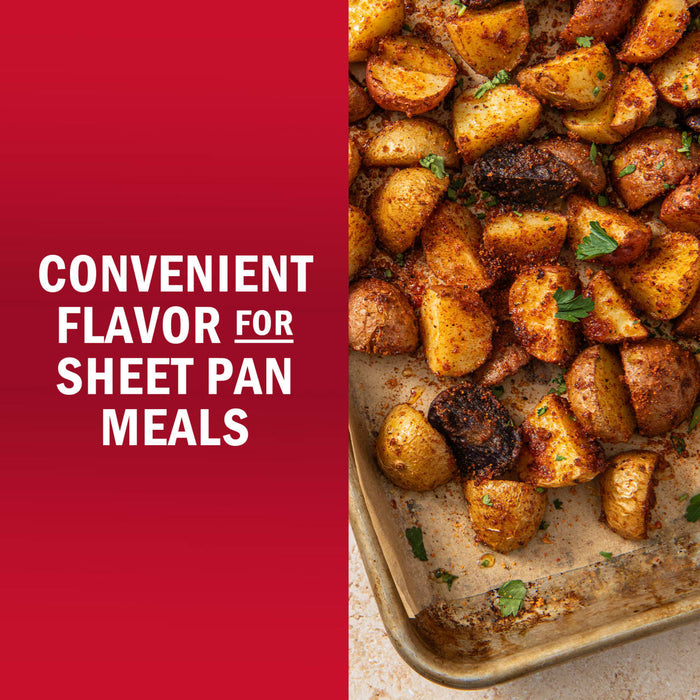 A sheet pan meal featuring seasoned potatoes, promoting convenient flavor.