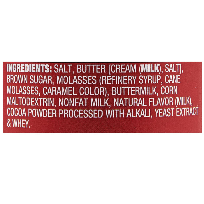 ['A list of ingredients for a product, including salt, butter, brown sugar, molasses, buttermilk, corn maltodextrin, nonfat milk, natural flavor, cocoa powder, yeast extract, and whey.']