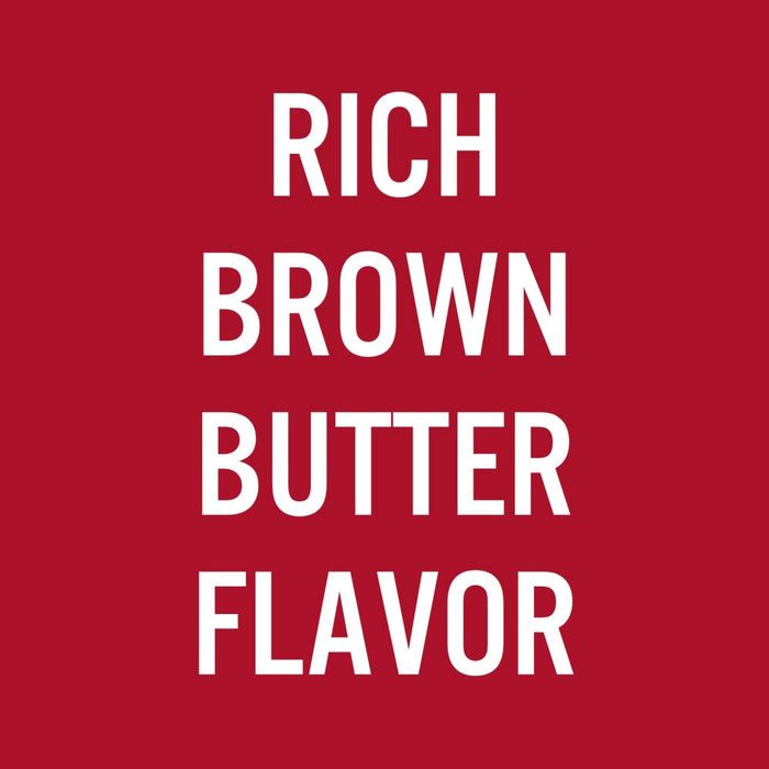 ['White text on a red background reads Rich Brown Butter Flavor.']