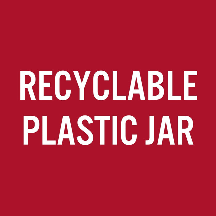 ['White text on a red background that says RECYCLABLE PLASTIC JAR']