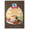 McCormick Parmesan Garlic Simmer &amp; Serve Sauce package with a serving suggestion of chicken, potatoes, and asparagus.